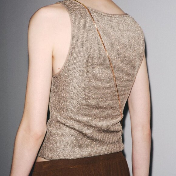 Zara Brown Bronze Metallic Knit Chain Tank Top Sheer Mesh Medium - Picture 9 of 9